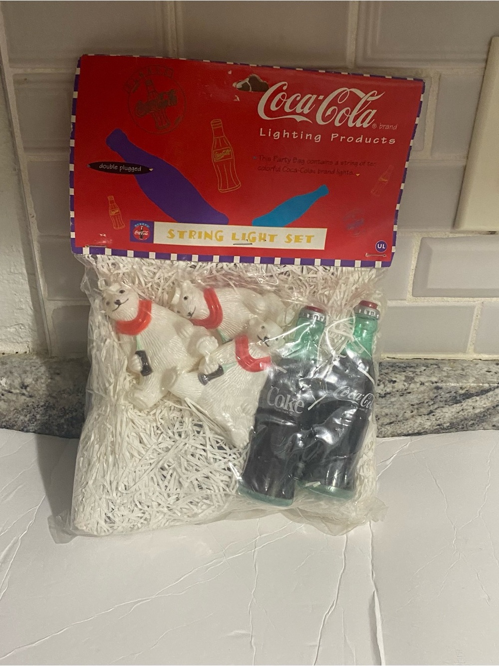 Coca Cola White Polar Bears & Green Bottle Holiday String Lights-vintage 1996